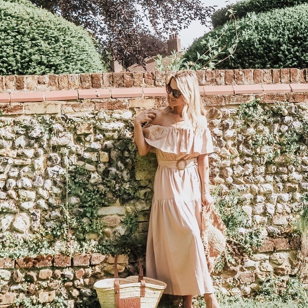 Topshop off the shoulder Ruffle Bardot Midi dress peach nude tiered‎ dress Sz 6